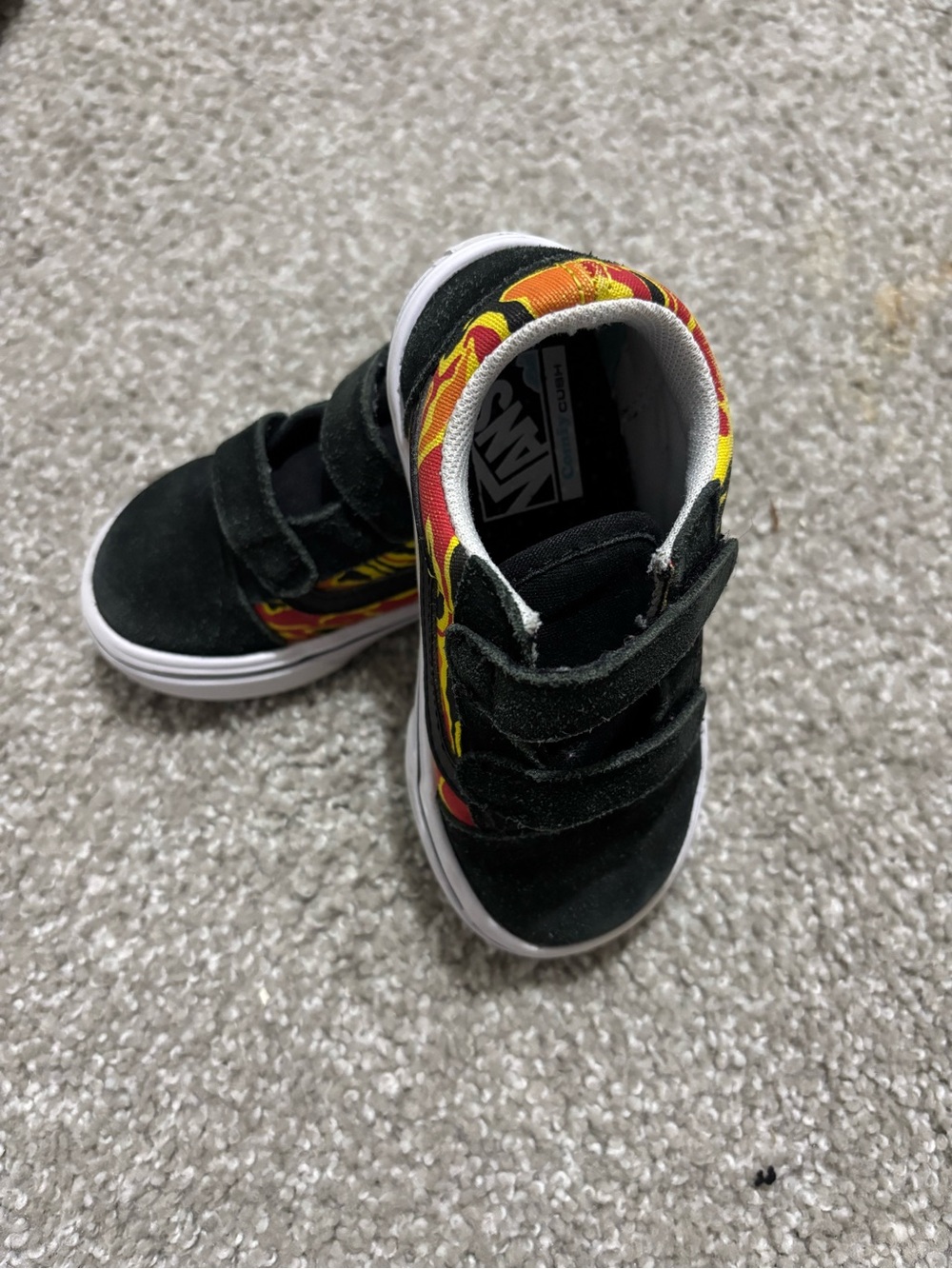 Toddler size 7 Vans Black Suede Velcro Sneakers with Red and Yellow Flame Trim